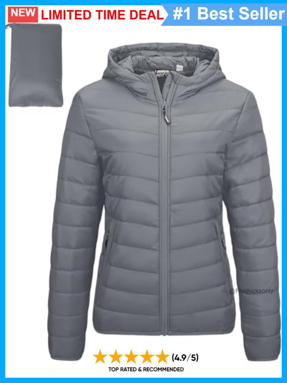 Packable Lightweight Puffer Jacket Hooded Water-Resistant Zip